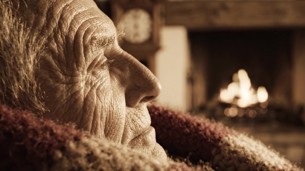 Un anziano uomo contemplativo seduto vicino a un caldo caminetto, avvolto in una coperta accogliente, che riflette sui ricordi durante un momento di pace nel suo ambiente domestico.