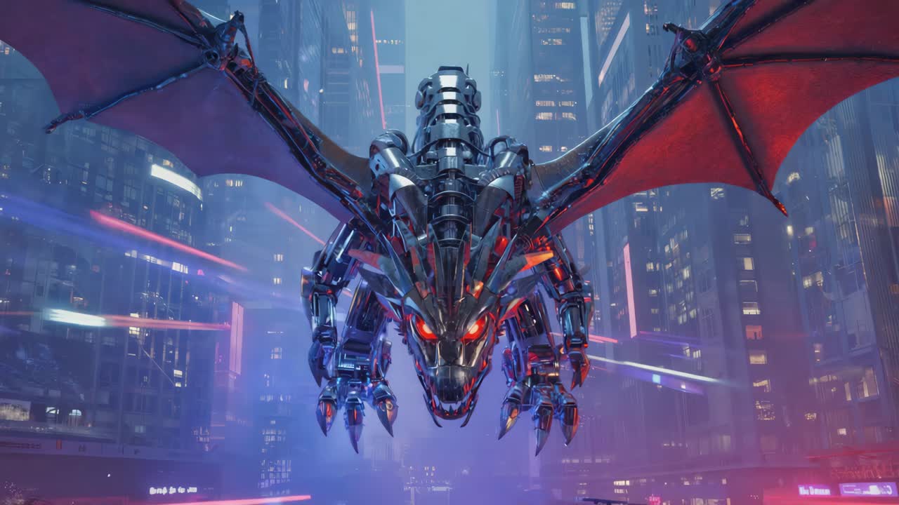 Mechanical Dragon in a Cyberpunk Cityscape
