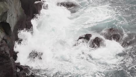 stormy ocean waves hit dark volcanic cliff near northern fulmar nesting ground