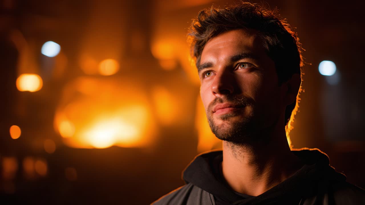 Um homem está pensativo em um ambiente industrial aquecido e luminoso, iluminado pela luz laranja intensa de uma fornalha, simbolizando força e determinação.
