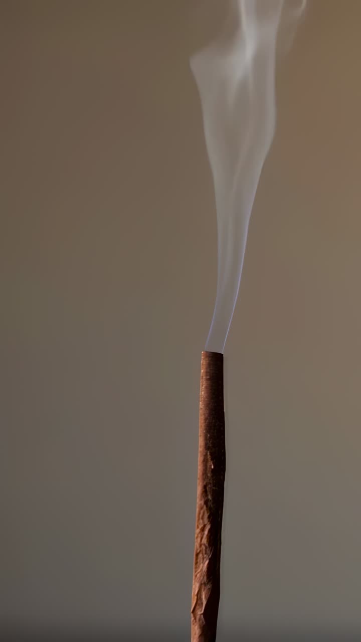 Vertical video: Smoldering tip causing slim brown incense stick emitting gray smoke inside room