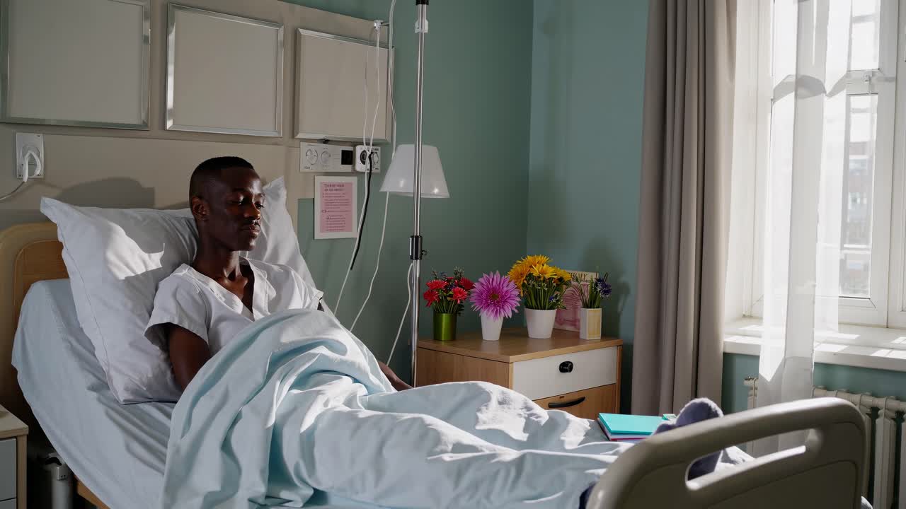 Un paziente in un letto d'ospedale, visuale laterale