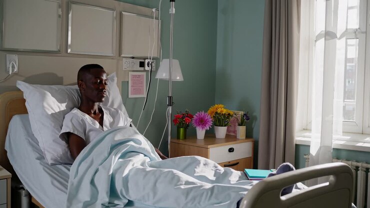 Un paziente in un letto d'ospedale, visuale laterale