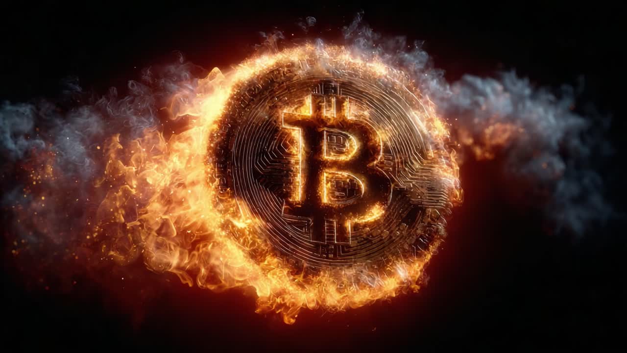 Flaming Cryptocurrency Symbol: A Captivating Visual Representation of Bitcoin Surrounded by Fiery Energy and Smoke, Symbolizing the Dynamic Nature of Digital Wealth