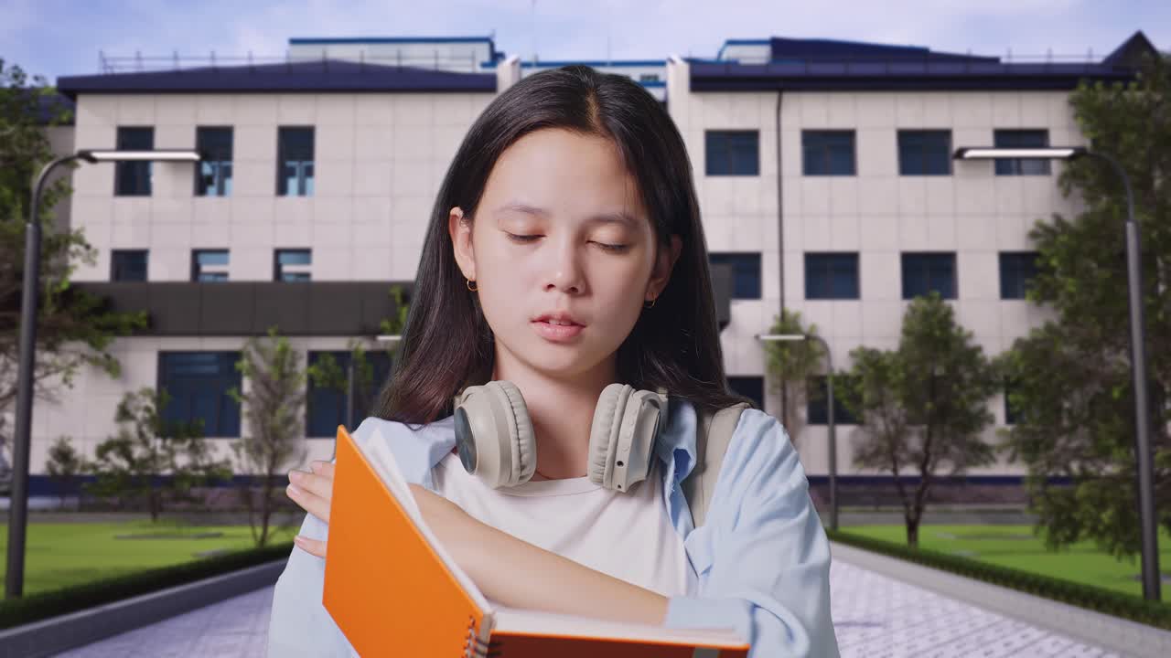 학교 건물 앞에 서서 배을 들고 책을 읽는 피곤한 아시아 십대 소녀 학생의 클로즈업