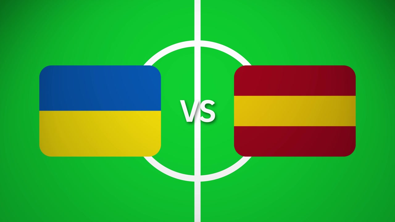 Animoitu jalkapallografiikka: Ukrainan ja Espanjan liput vihreällä kentällä keskiympyrän kanssa.
