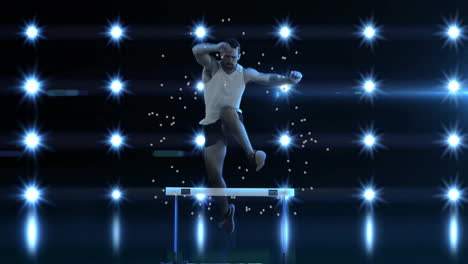 Hurdling-over-glowing-lights,-athlete-making-jump-with-particles-animation