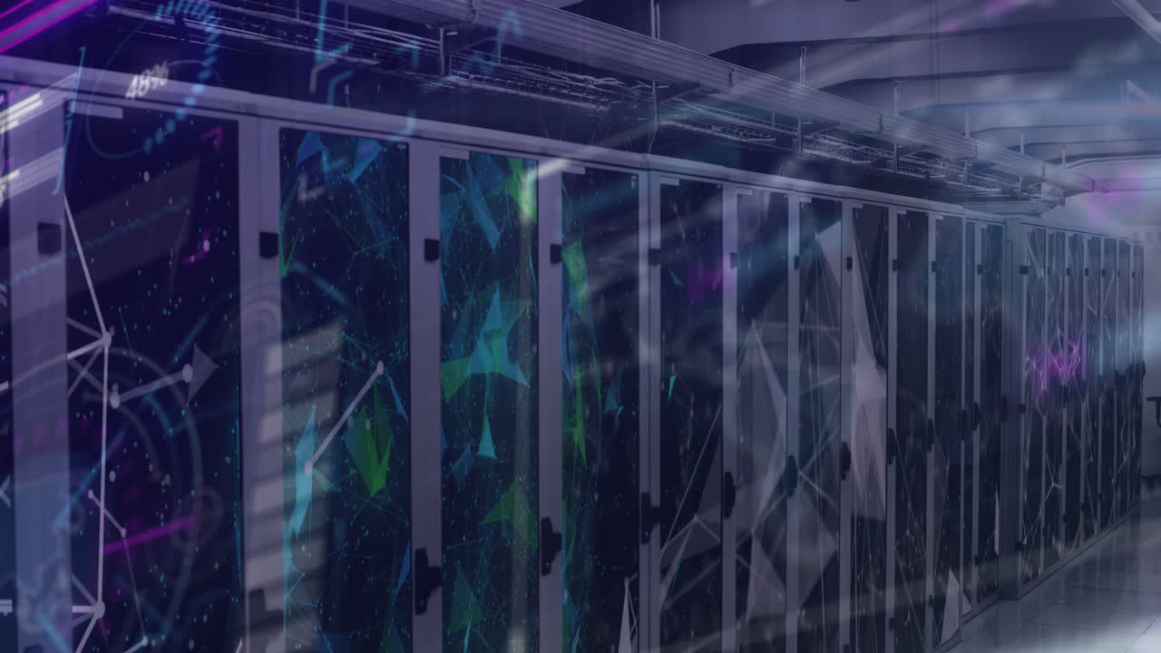Animation of network of connections and data processing over server room