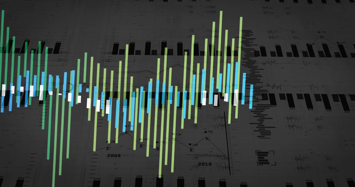 After dark grey plane forming green blue yellow bars growing shifting right visualizing data trends