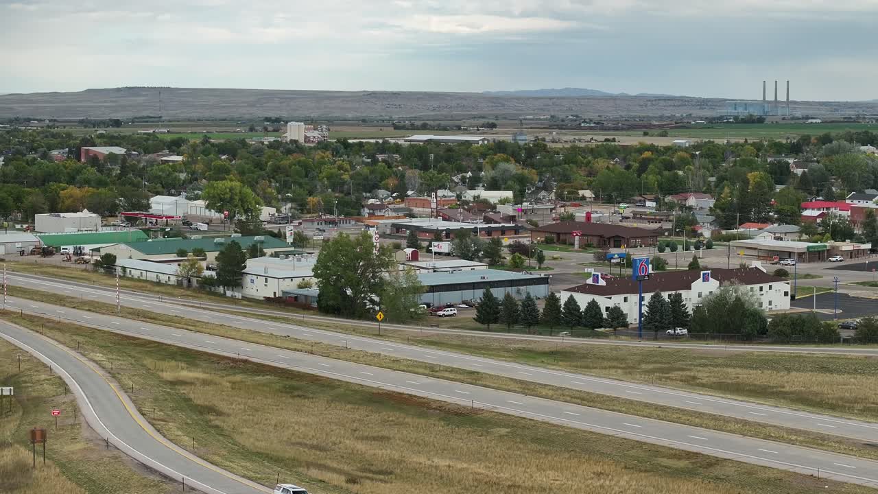 Wheatland Wyoming aerial down focus with I25 in the foreground