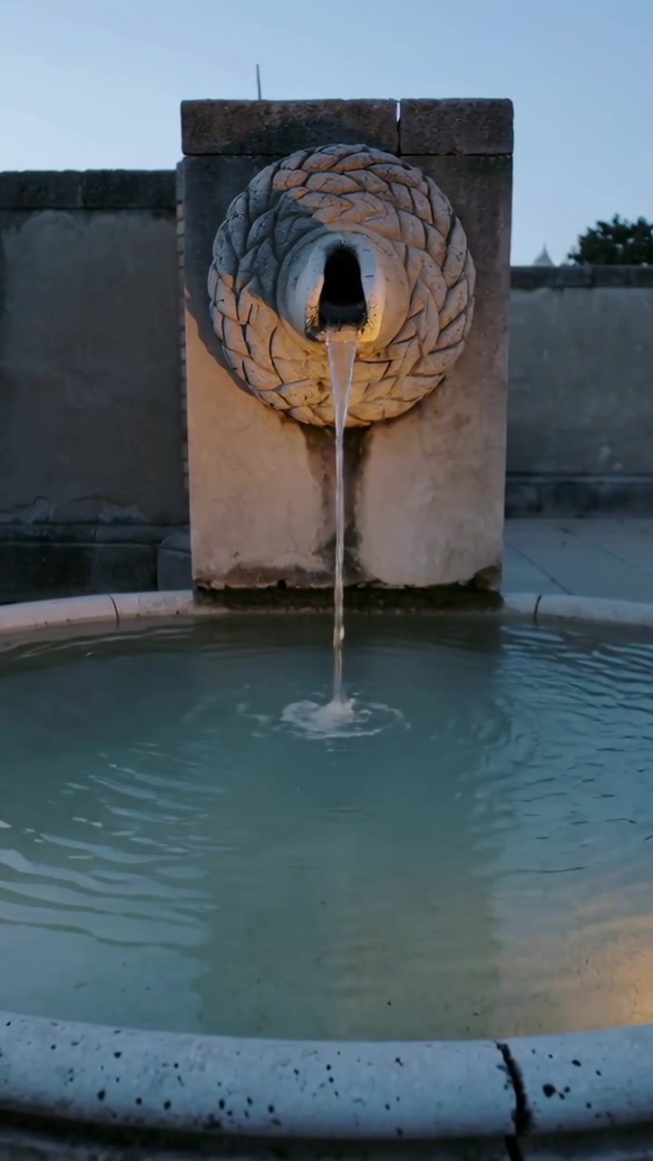 Video vertical: Fuente de piedra con agua fluyendo creando ondas en una piscina en una azotea al anochecer, con una lámpara encendida como decoración.