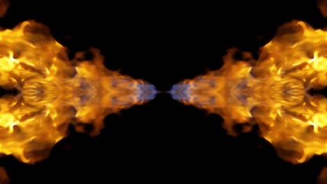 video crudo en cámara lenta de 4k de fuego, explosión, estallido de fuego, chorro de corriente de fuego aislado en un fondo negro. con reflejo y efecto espejo como en un caleidoscopio. hermoso patrón de espejo de fuego.