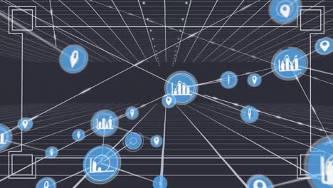 Animation-of-network-of-connections-with-icons-over-grid