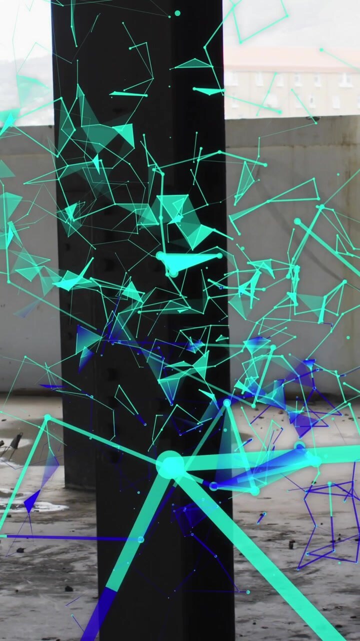 Digital composite video of glowing green network of connections floating against woman jumping rope