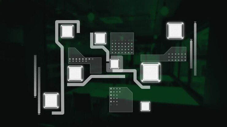 Animation of data moving through computer network on black background