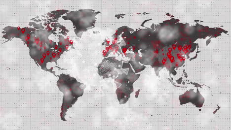 Animation of rotating virus cells over world map with red position marks