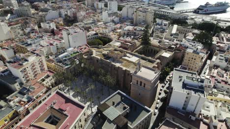 Beautiful-Almería-Cathedral-view-from-above-on-City-centre,-Orbiting-shot