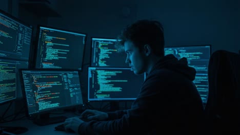 focused programmer analyzing code across multiple screens in a dark room, showcasing intense concentration and modern coding environment
