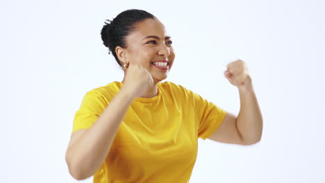 yes, cheering and fist pump with black woman