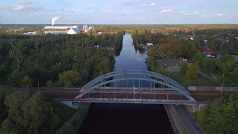 calm aerial view flight slowly sinking down drone
railway bridge over river in brandenburg germany at summer golden hour 2022