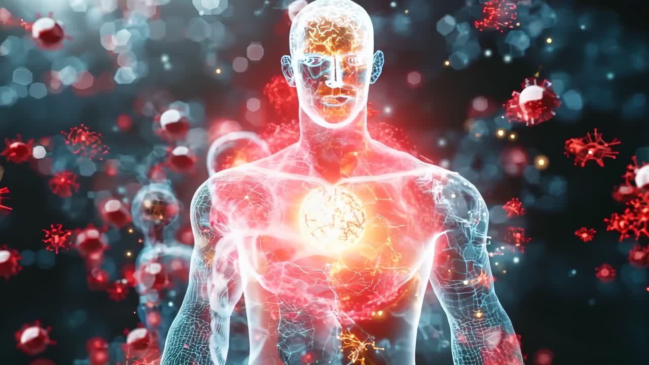 A man's skeleton is surrounded by red and blue spheres. The man's head is surrounded by a blue sphere