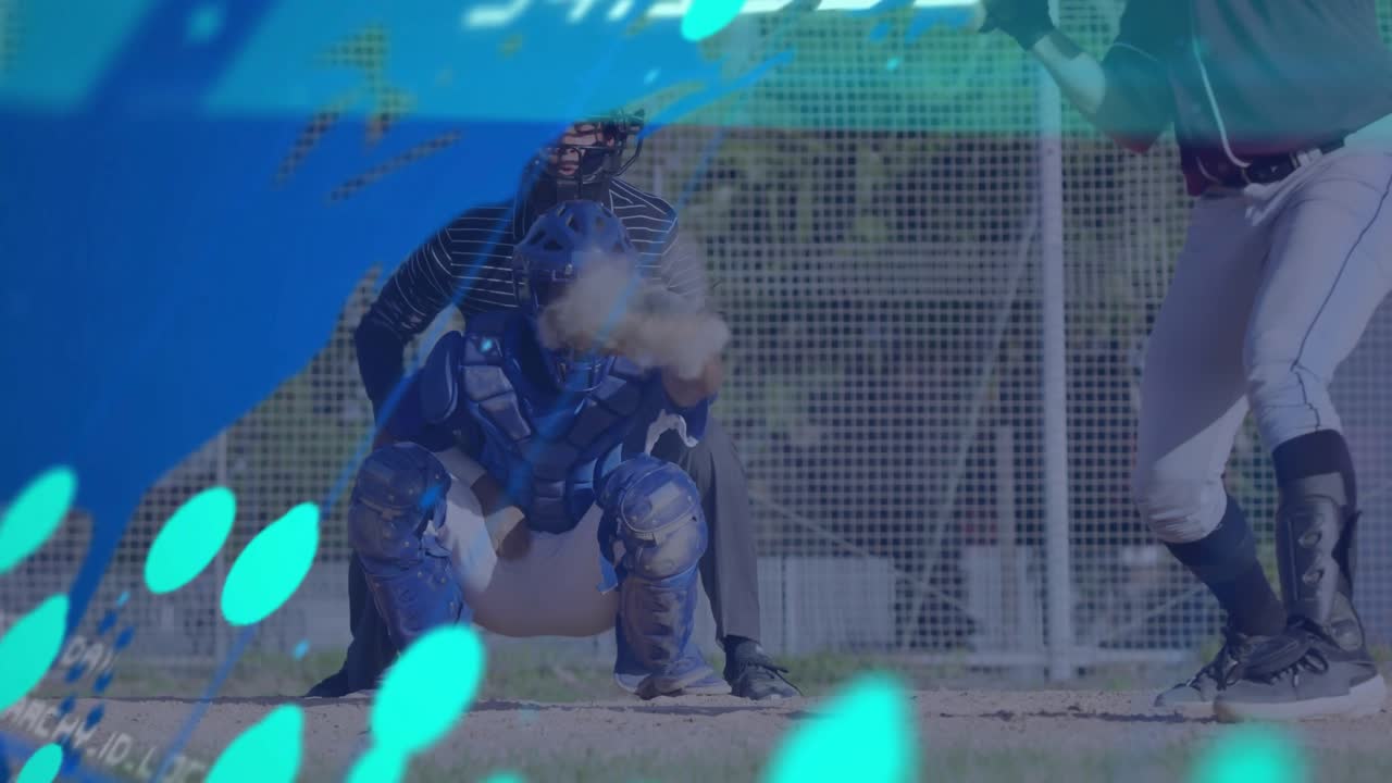 Opponents crouching and swinging at plate, teal overlays tracking spin for sports technology