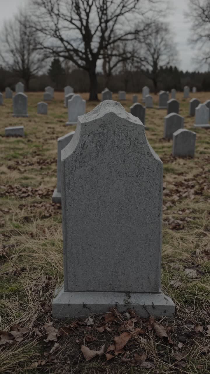 A somber, low-angle video shot of a graveyard with numerous tombstones