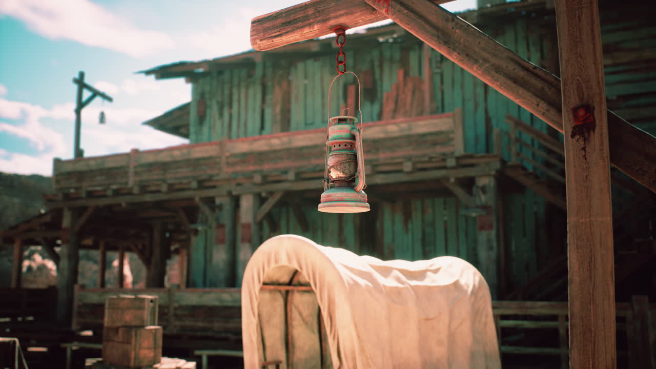 Exploring an abandoned western town with a weathered wagon and lantern