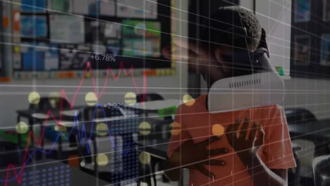 animación del procesamiento de datos financieros sobre un niño que usa auriculares vr.