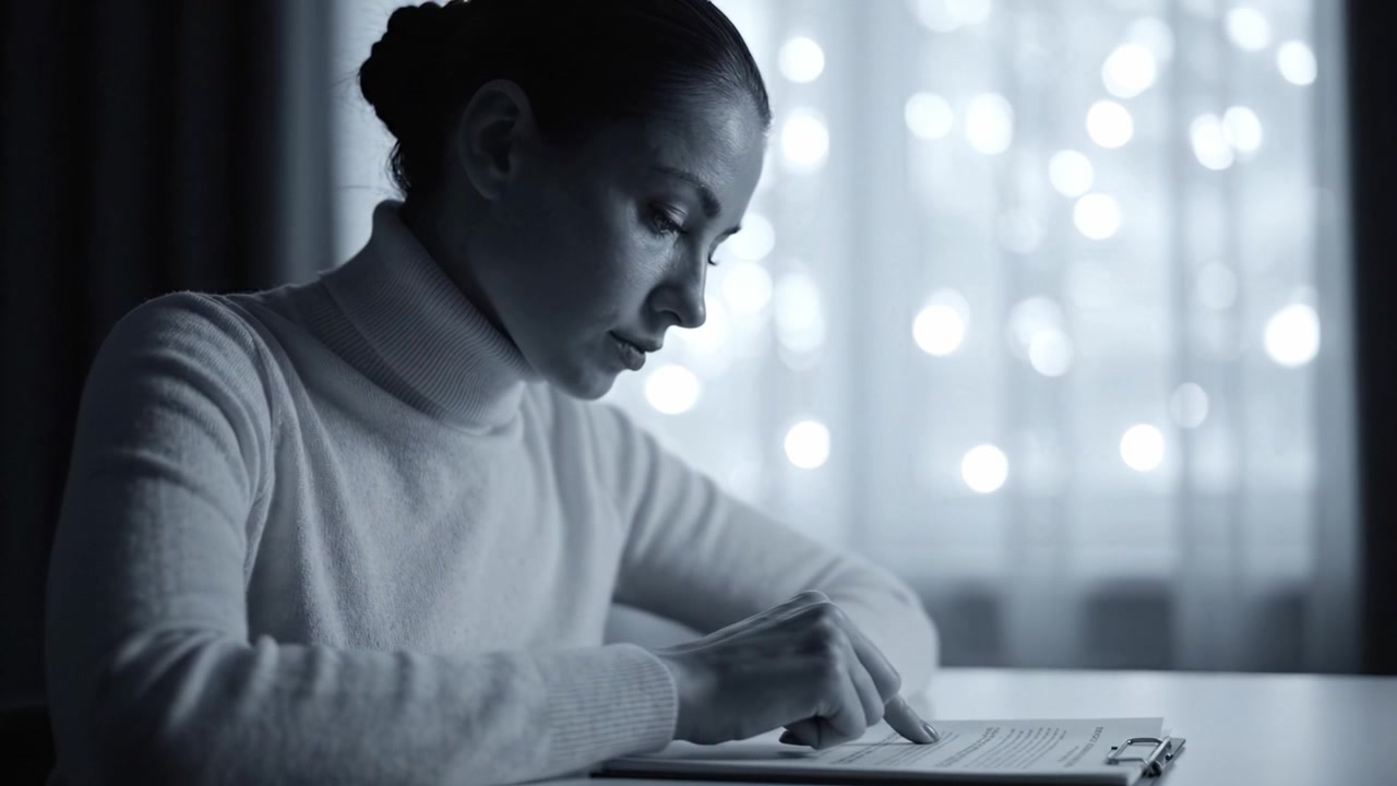 Een Geconcentreerde Vrouw Analyseert Documenten in een Zacht Verlichte Kamer met Wazige Achtergrondverlichting, Vastleggend een Introspectief en Bedachtzaam Moment van Reflectie