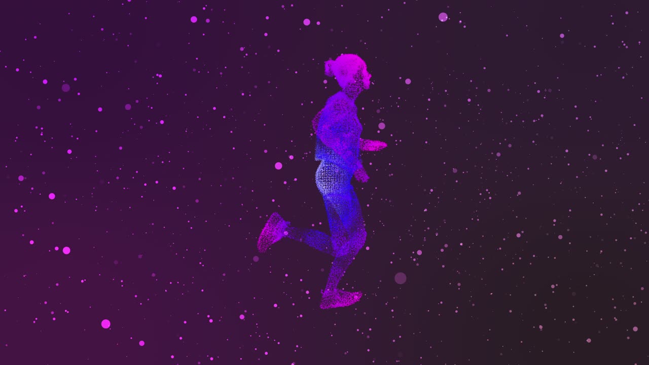 4k 영상으로 보라색 입자가 미래의 러너를 형성합니다.