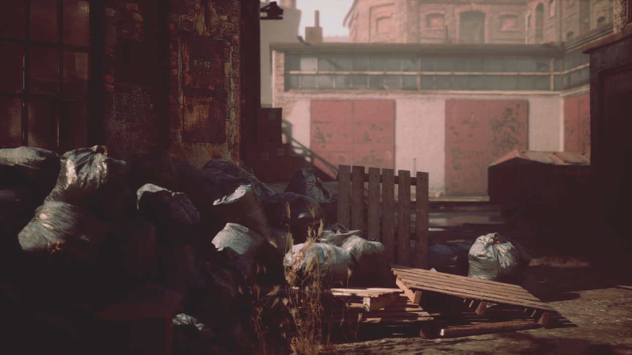 쓰레기 와 쓰레기 가 있는 버려진 공장 뒷마당