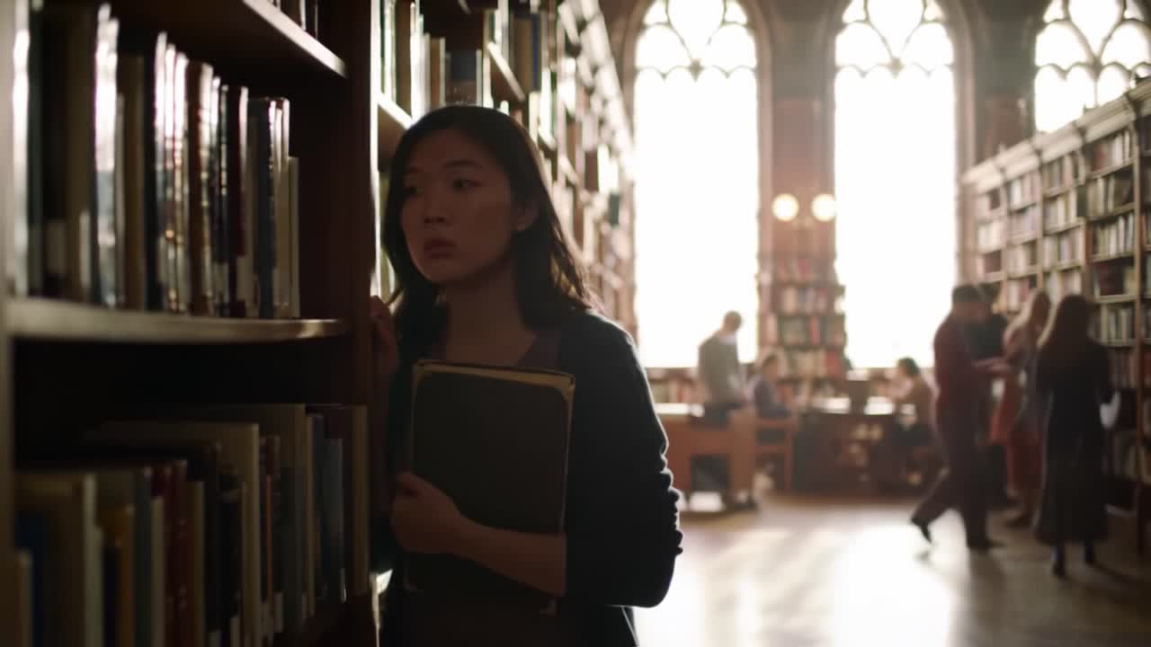 A contemplative young woman wanders through a library filled with books, basking in the soft light filtering through ornate windows, lost in thought as she embraces her academic journey