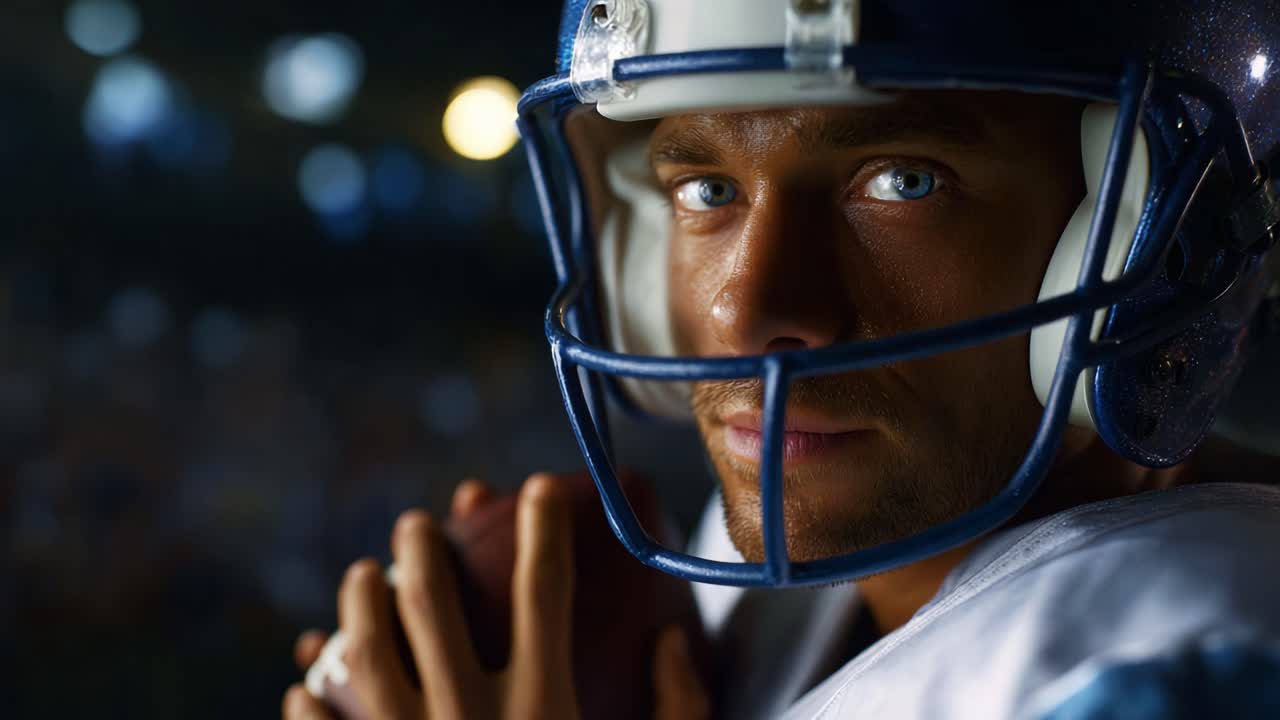 Odhodlaný quarterback se připravuje na zápas, zachycuje intenzitu a soustředění pod světly stadionu se silným postojem a využívá okamžik před začátkem akce