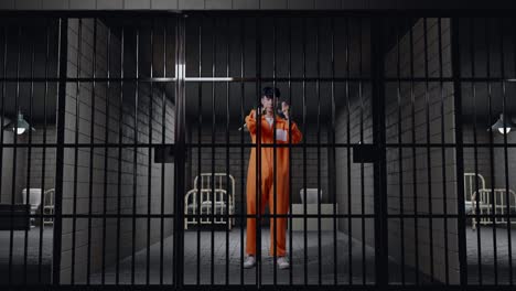 full body of asian male prisoner standing in prison, showing the handcuffs and pointing his finger towards you