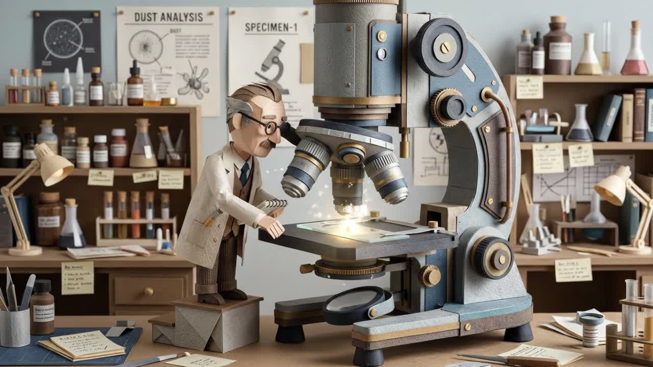 Animovaný papírový vědec pozoruje pod mikroskopem v laboratoři.