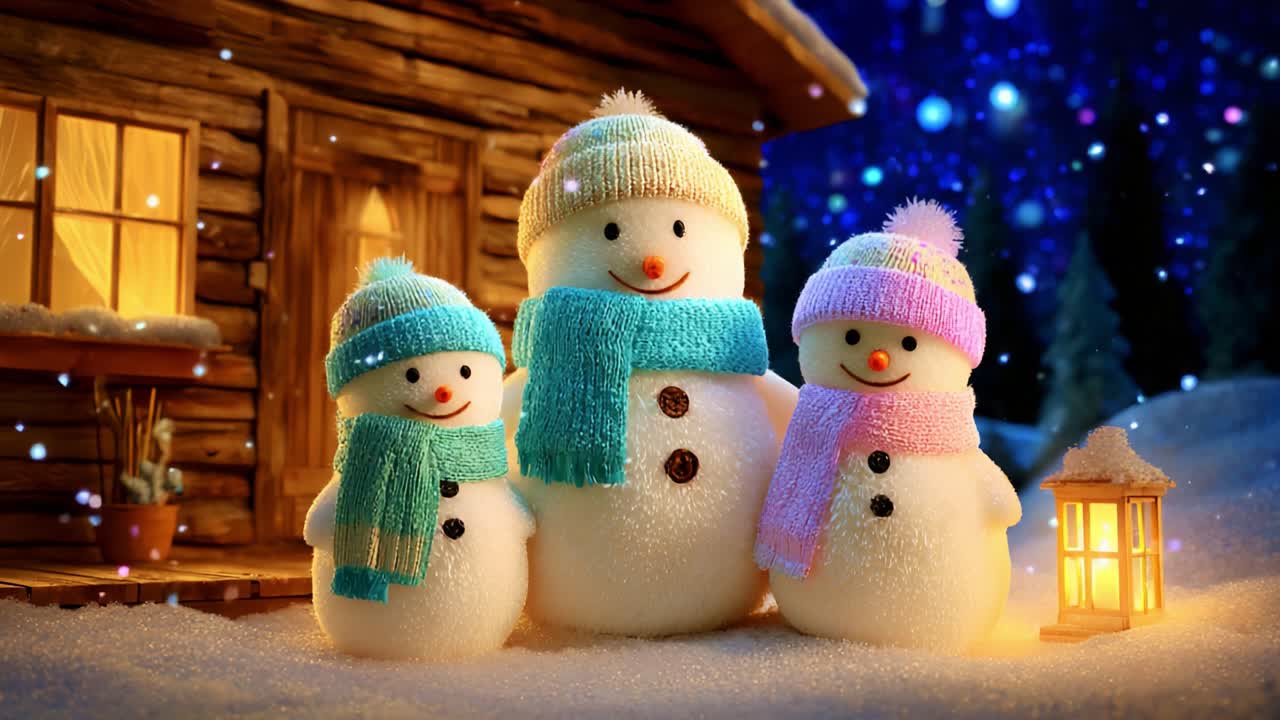 Cheerful snowmen adorned in vibrant scarves and hats stand together in a snowy winter wonderland, embodying the spirit of the holiday season under a starry night sky near a cozy cabin