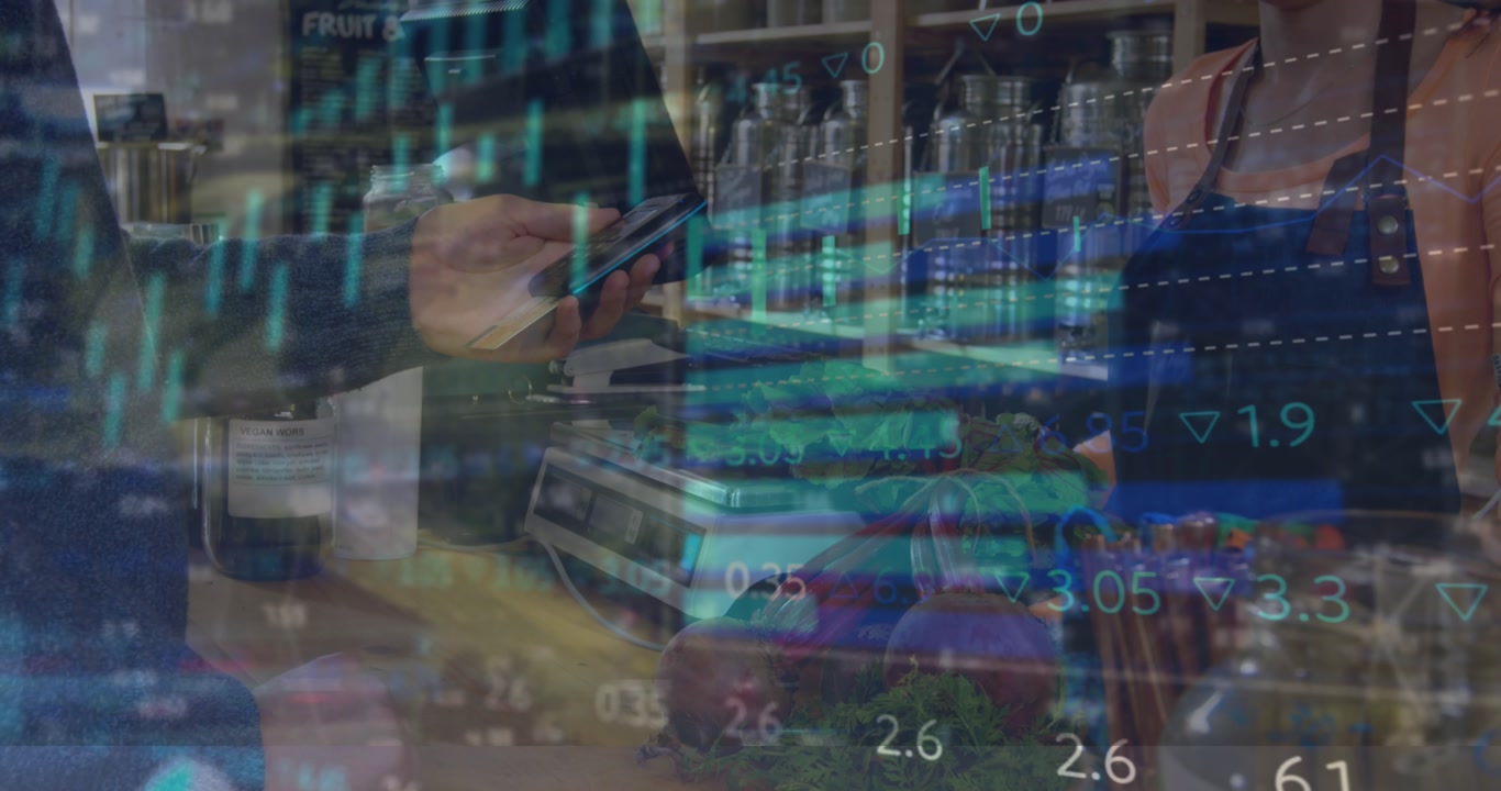 Animation of financial data processing over people working in warehouse