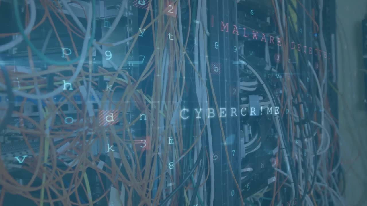 Cables in a computer server room with moving data security messages