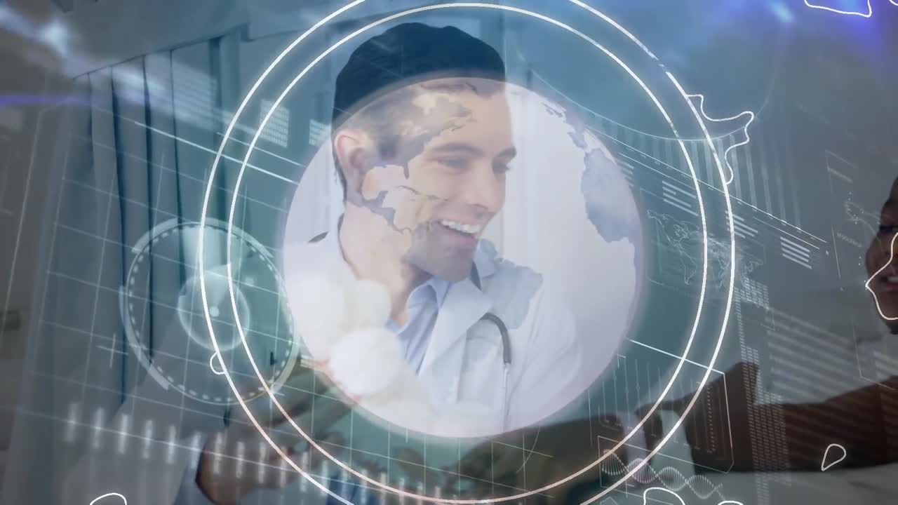 Animazione di interfaccia digitale su un medico caucasico con un paziente