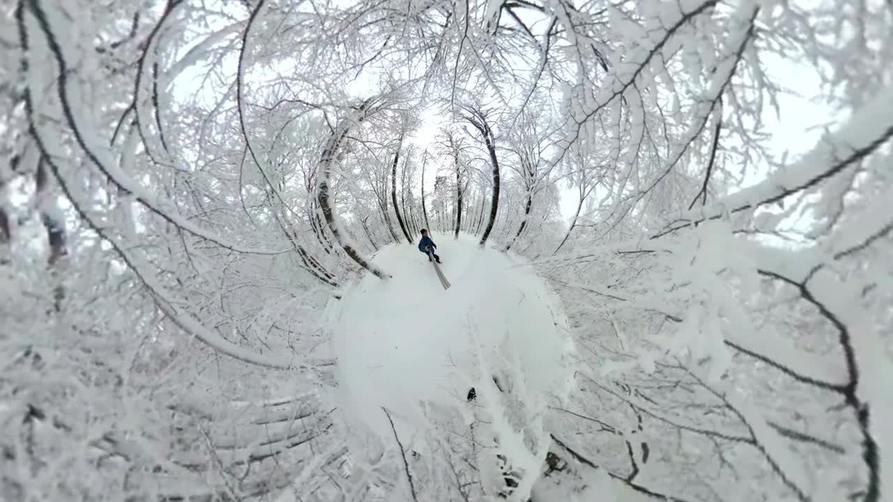 아름다운 겨울 숲을 고 있는 남자, 360° 영상, 360° vr, 작은 행성 효과