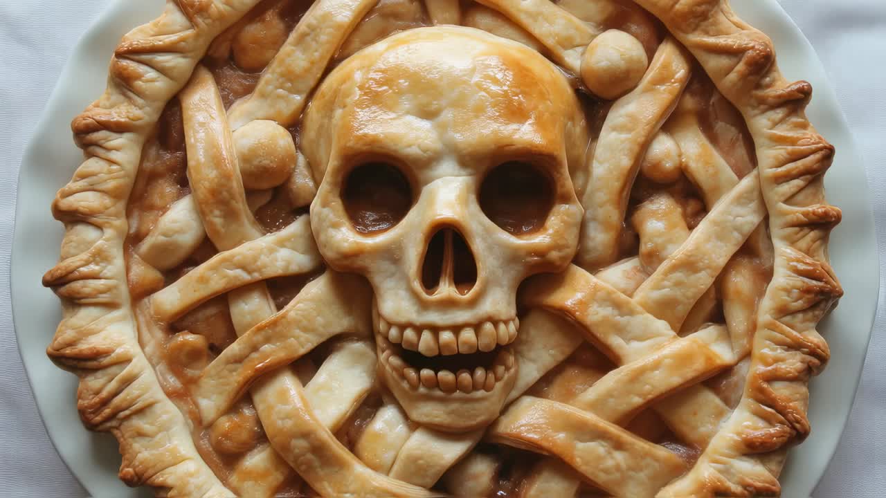 Delicious and spooky skull apple pie decorated with strips of pastry and small balls of dough, perfect for a halloween party, resting on a white plate