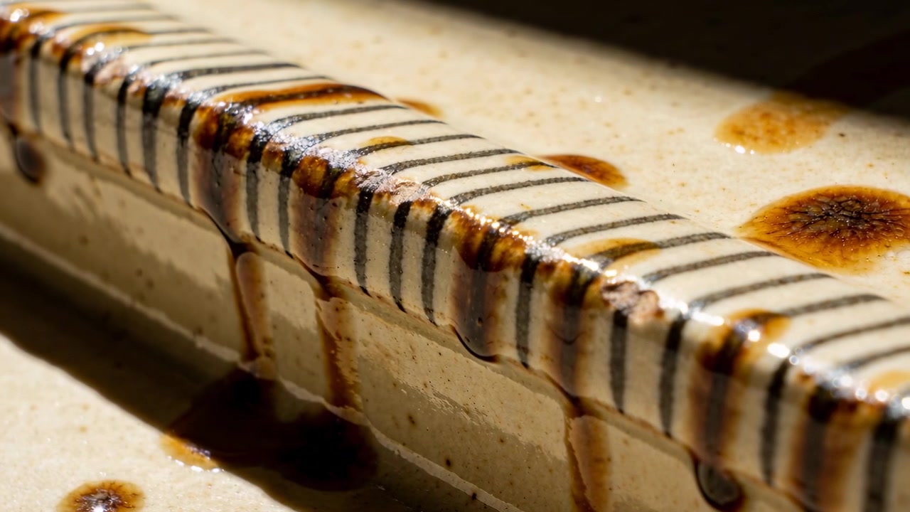 Gravity pulling glazed ceramic rim with parallel dark stripes, forming brown drips on workbench