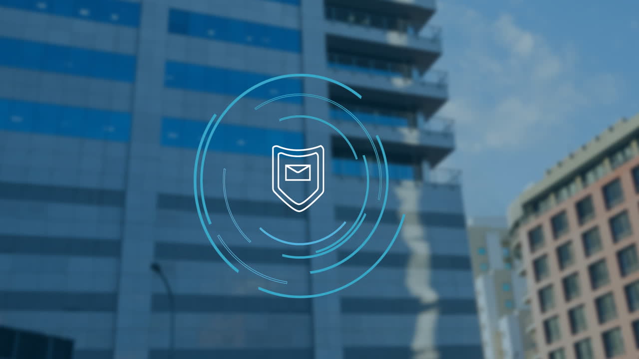 Animation of circles with shield and envelope icon over cityscape