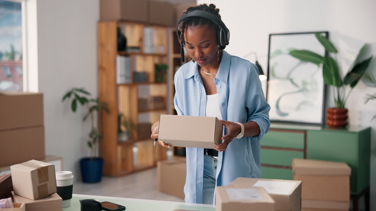 Woman packaging boxes while listening to music