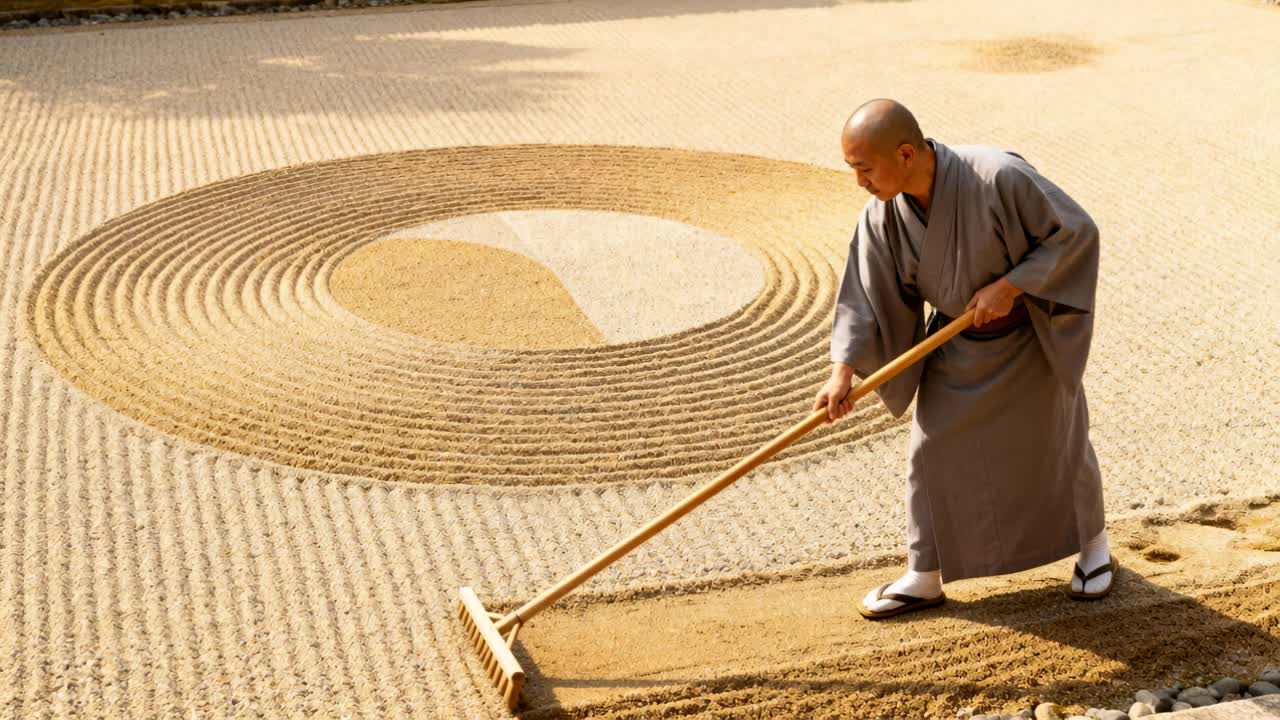 Monaco in abito talare che tira un rastrello dal bordo levigando la sabbia accanto al giardino con motivo ad anello, spazio per il testo
