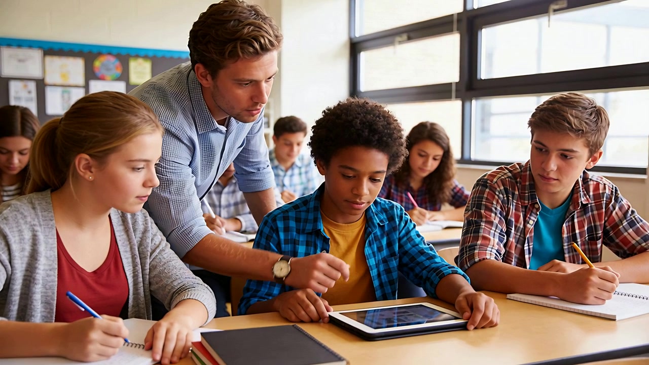 Istruttore che si avvicina e guida un piccolo gruppo al banco dell'aula, indicando un tablet mentre uno studente tocca lo schermo