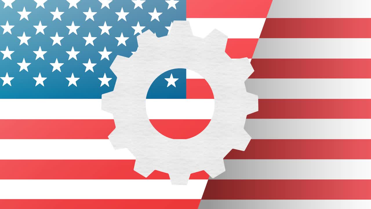 Animazione di un ingranaggio bianco rotante sopra la bandiera americana