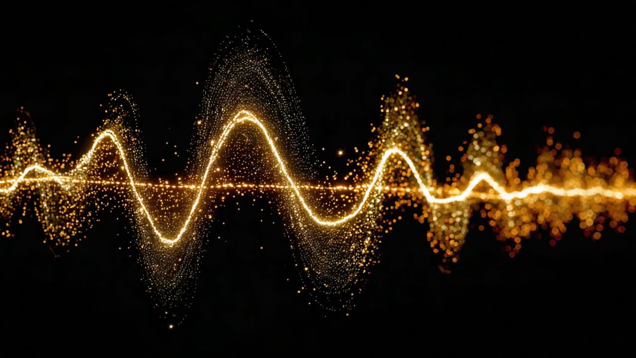 Dynamic Waveform Visualization: An Engaging Display of Sound Waves and Their Vibrant Energy Represented by Golden Particles and Fluid Motion