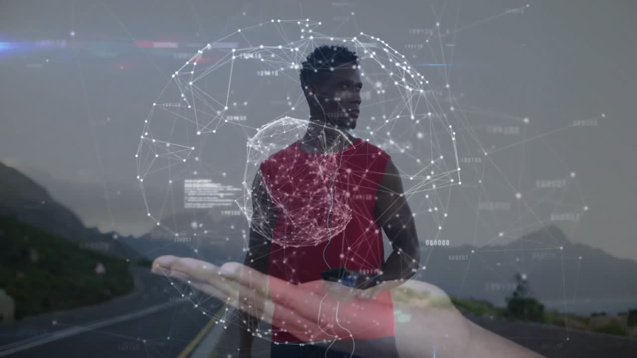 Sportovec používá smartphone na dálnici, spouští kód tvořící hologram zeměkoule kolem trupu pro technologie.